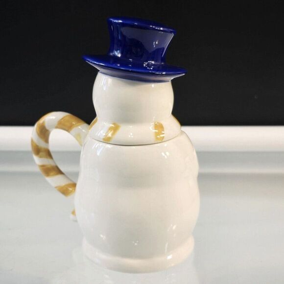 Snowman Mug With Blue Hat Lid Temptations Presentable Ovenware By Tara Ceramic - Picture 2 of 8